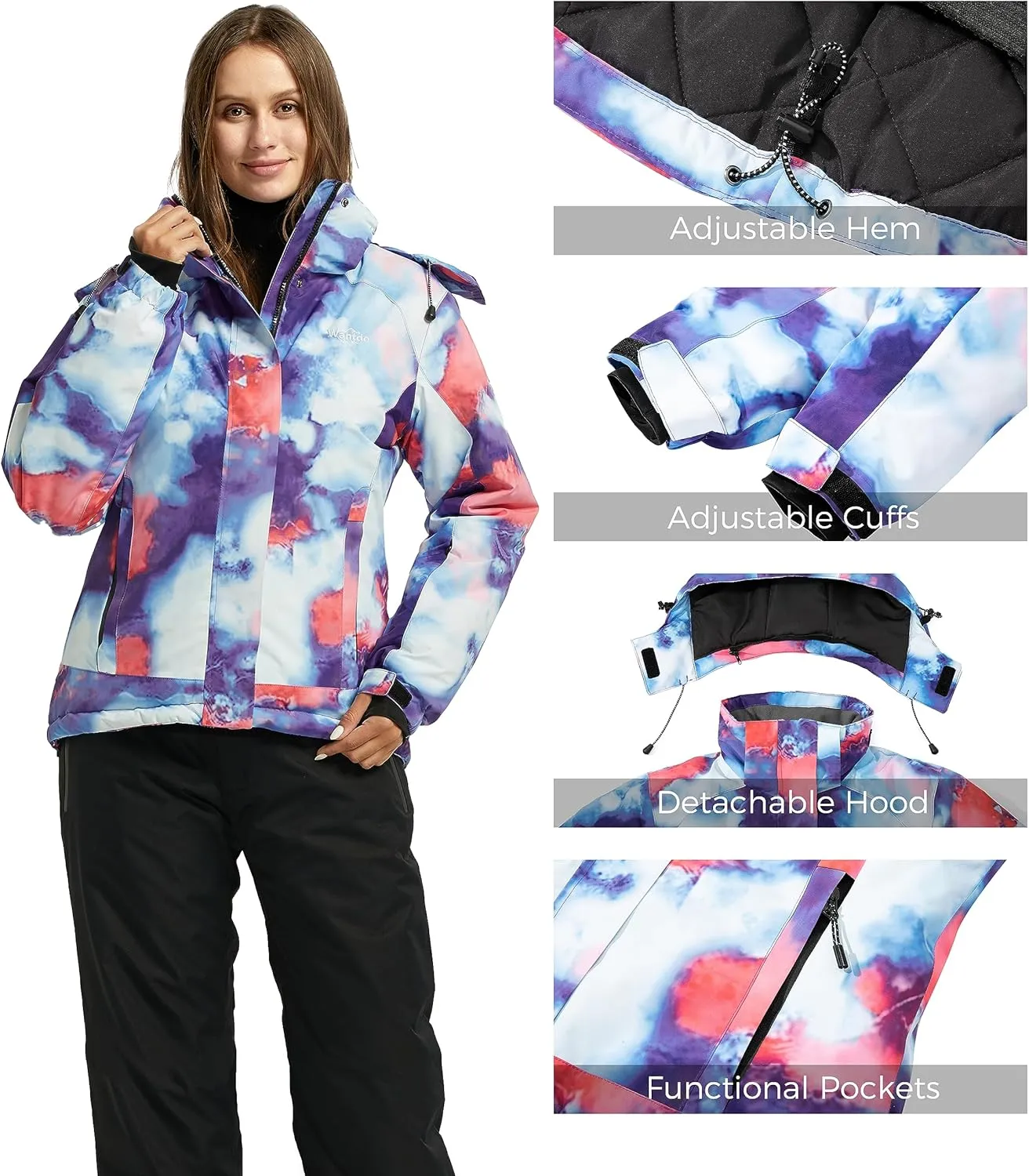 Wantdo Women's Waterproof Ski Jacket Colorful Printed Fully Taped Seams Rain Coat Warm Winter Parka