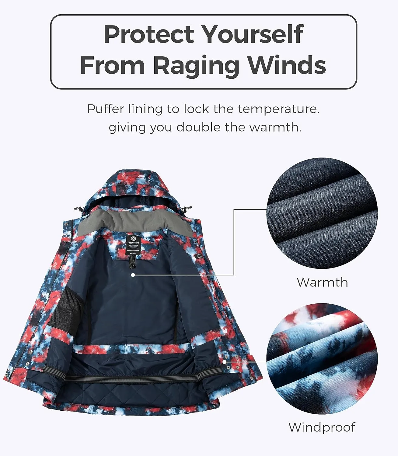 Wantdo Women's Waterproof Ski Jacket Colorful Printed Fully Taped Seams Rain Coat Warm Winter Parka