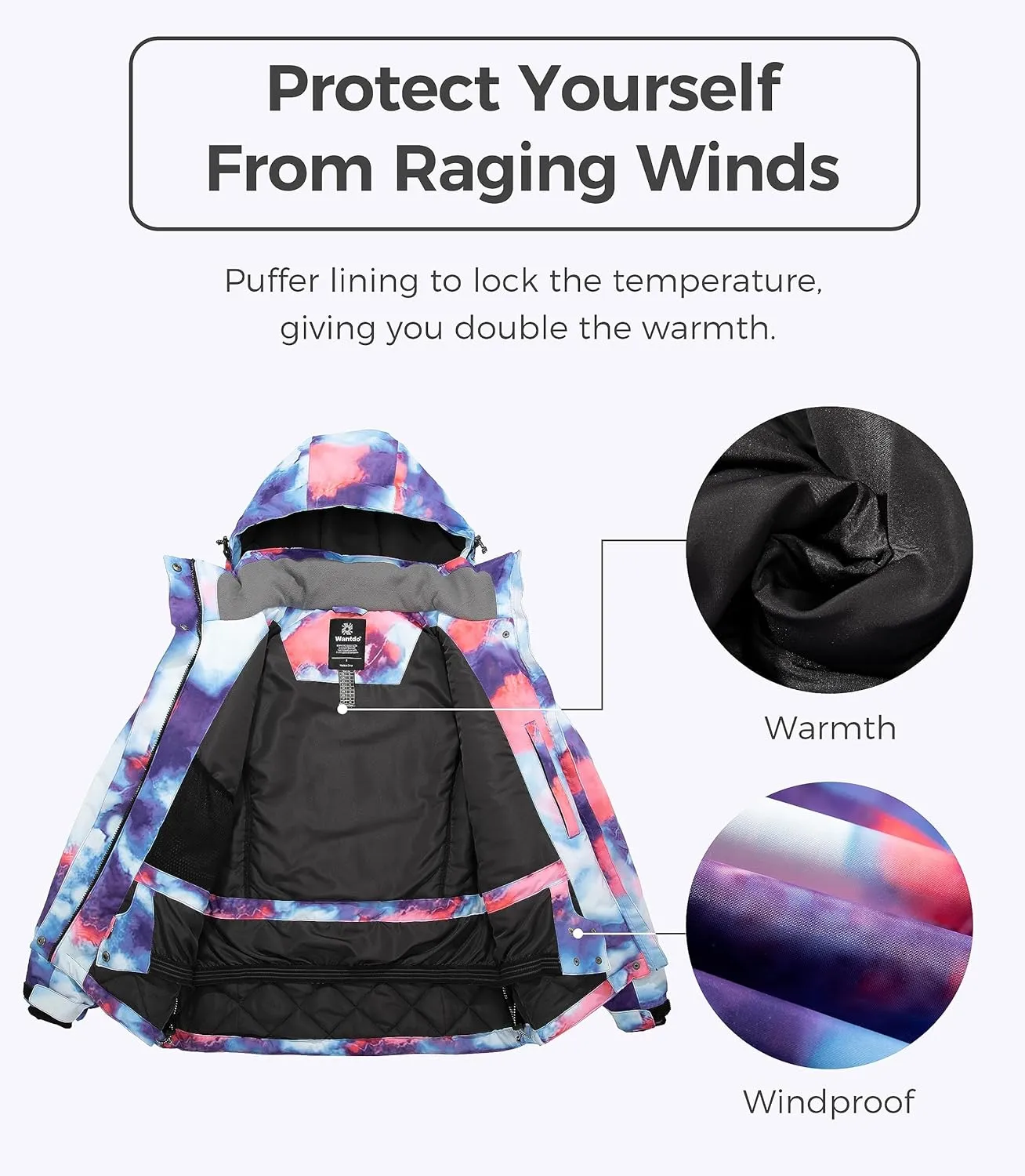 Wantdo Women's Waterproof Ski Jacket Colorful Printed Fully Taped Seams Rain Coat Warm Winter Parka