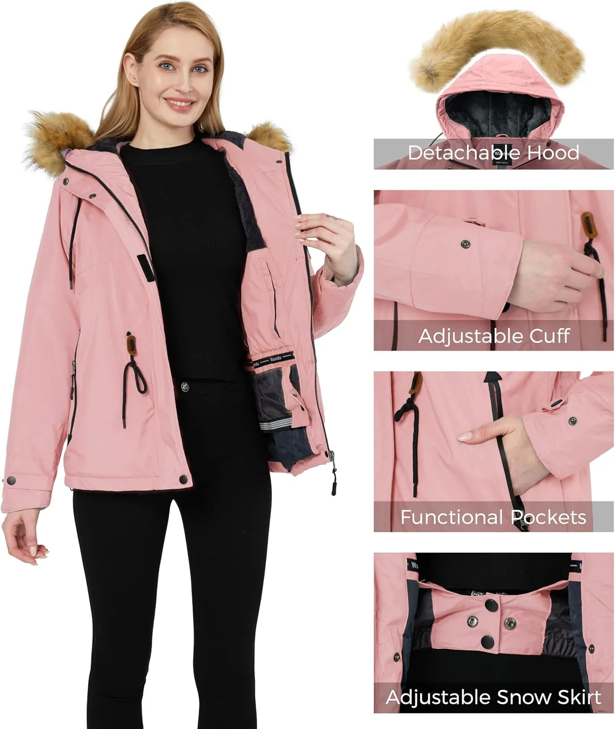 wantdo Women's Waterproof Ski Jacket Hooded Winter Snow Coat Mountain Snowboarding Jackets Insulated Fleece Parka