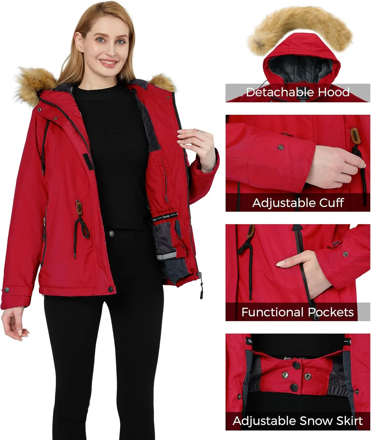 wantdo Women's Waterproof Ski Jacket Hooded Winter Snow Coat Mountain Snowboarding Jackets Insulated Fleece Parka