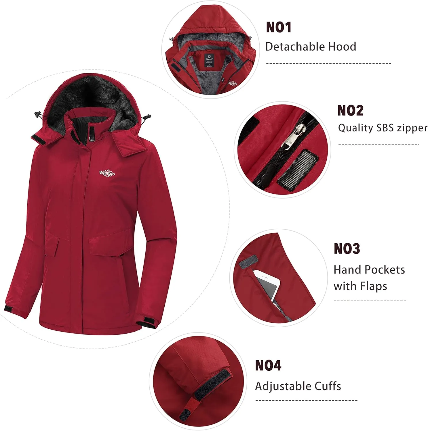 Wantdo Women's Waterproof Ski Jacket Warm Winter Coat Windproof Snow Coats Warm Fleece Raincoat
