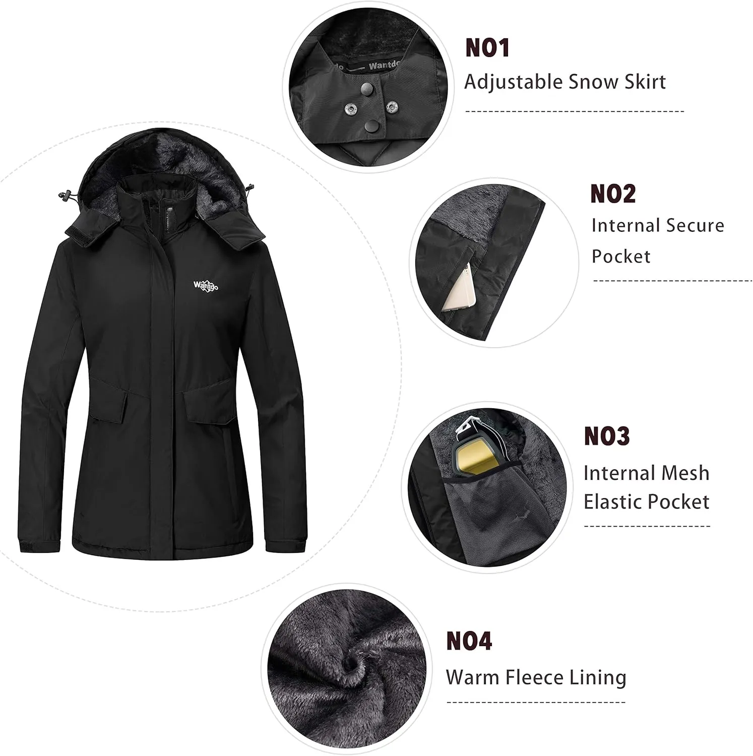 Wantdo Women's Waterproof Ski Jacket Warm Winter Coat Windproof Snow Coats Warm Fleece Raincoat