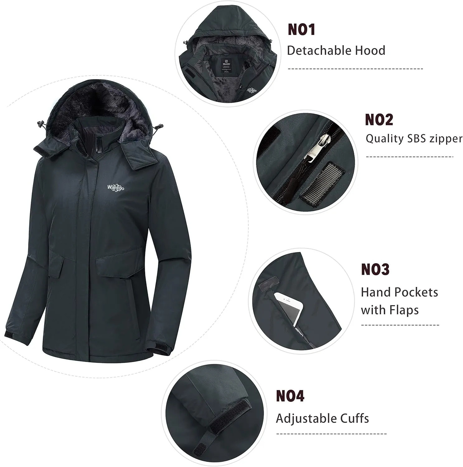 Wantdo Women's Waterproof Ski Jacket Warm Winter Coat Windproof Snow Coats Warm Fleece Raincoat