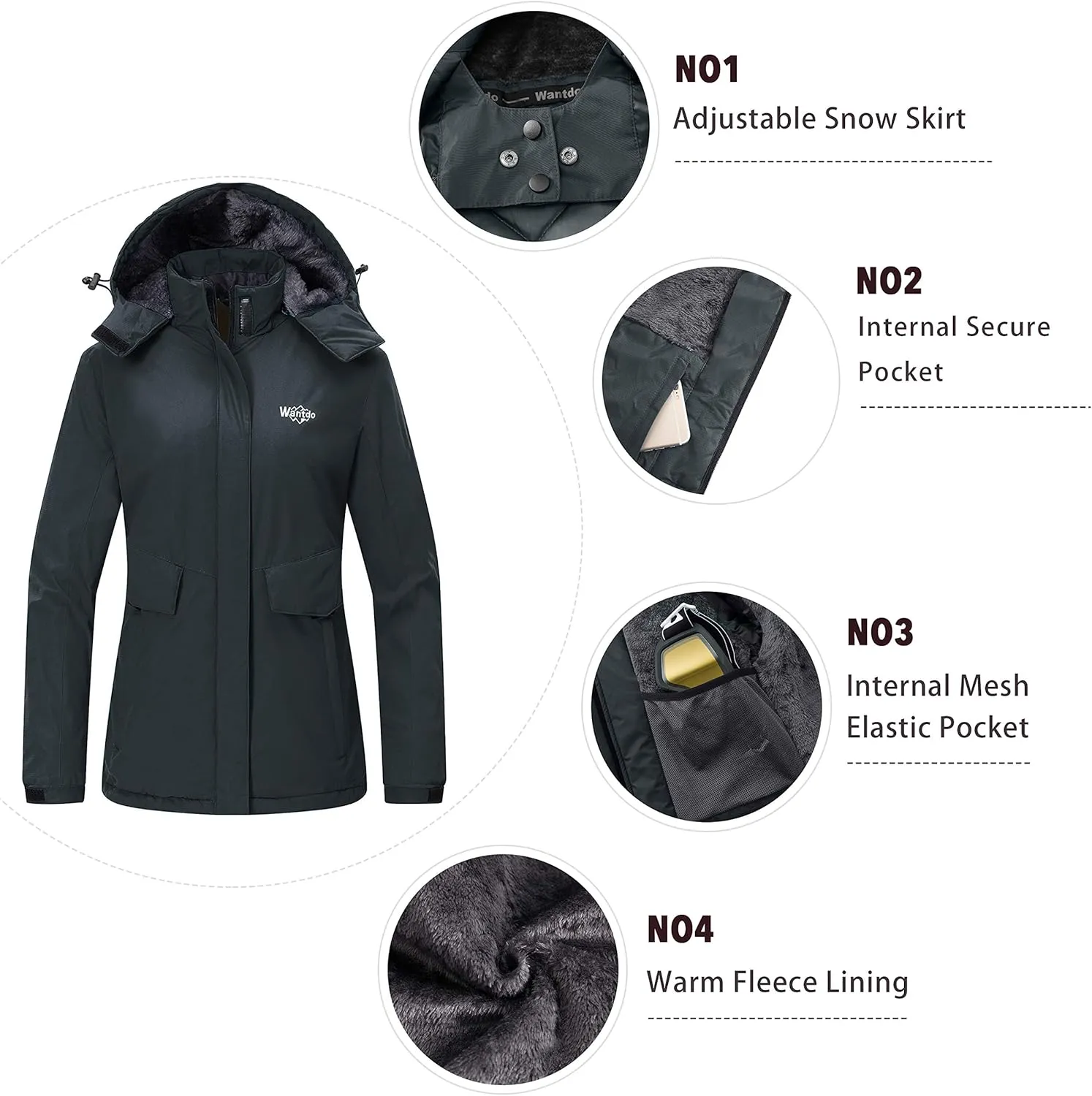 Wantdo Women's Waterproof Ski Jacket Warm Winter Coat Windproof Snow Coats Warm Fleece Raincoat