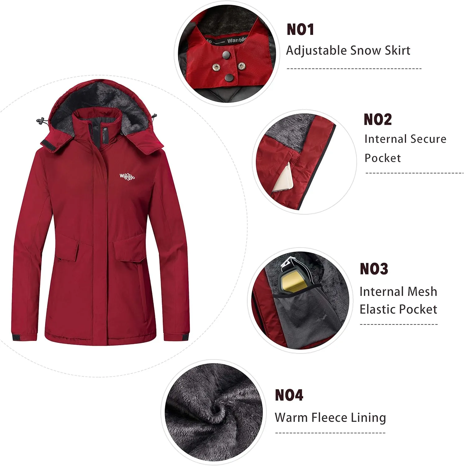 Wantdo Women's Waterproof Ski Jacket Warm Winter Coat Windproof Snow Coats Warm Fleece Raincoat