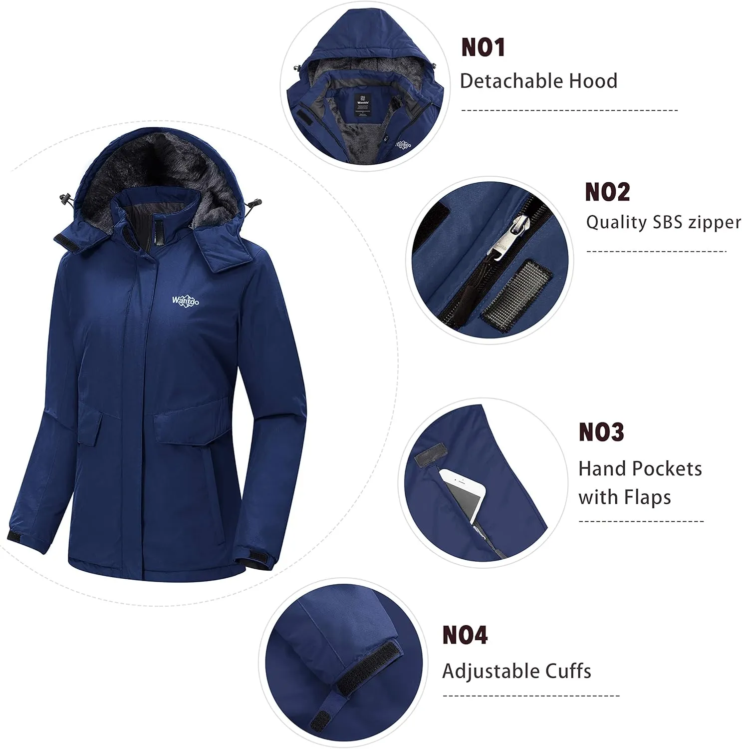 Wantdo Women's Waterproof Ski Jacket Warm Winter Coat Windproof Snow Coats Warm Fleece Raincoat