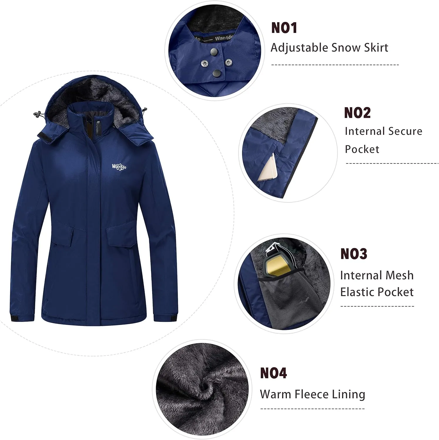 Wantdo Women's Waterproof Ski Jacket Warm Winter Coat Windproof Snow Coats Warm Fleece Raincoat