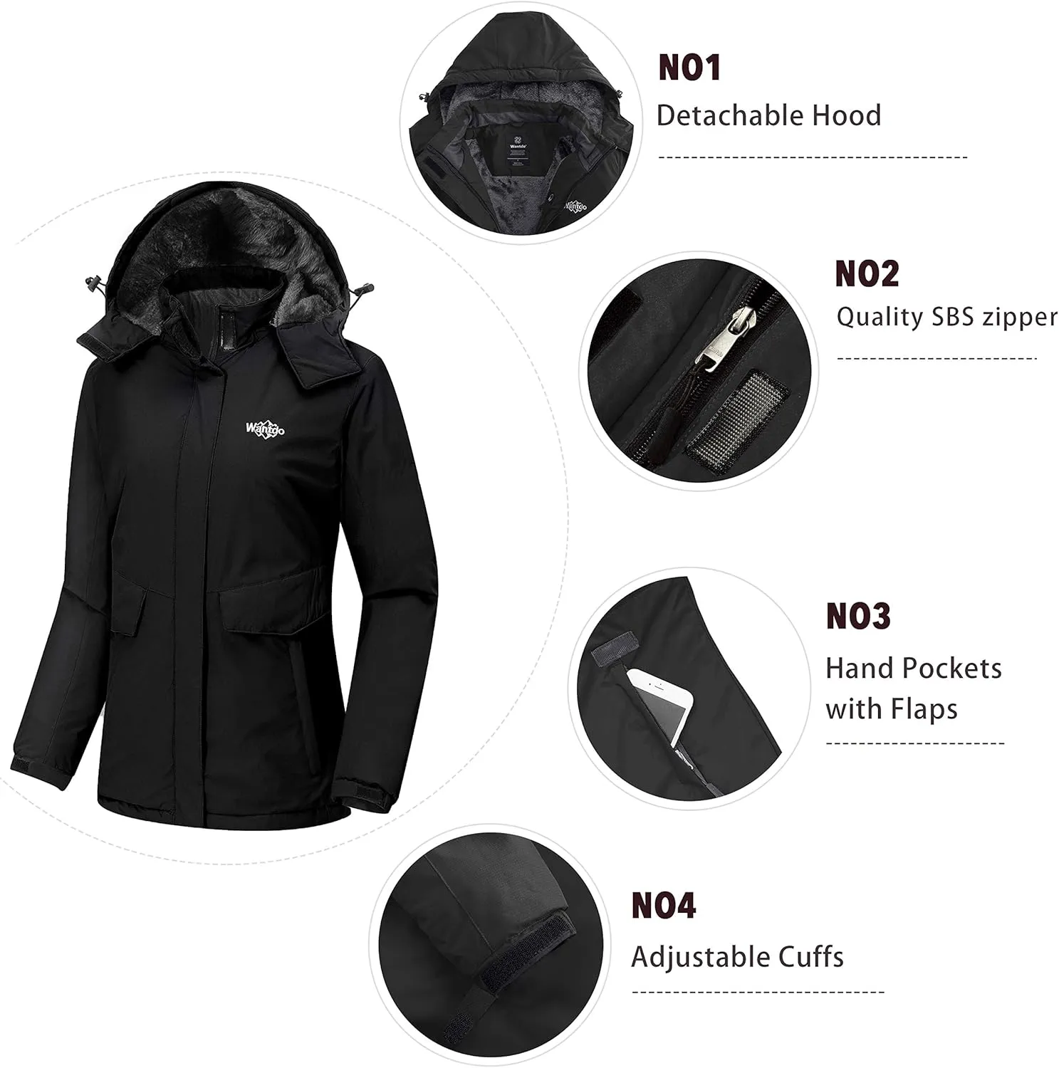 Wantdo Women's Waterproof Ski Jacket Warm Winter Coat Windproof Snow Coats Warm Fleece Raincoat