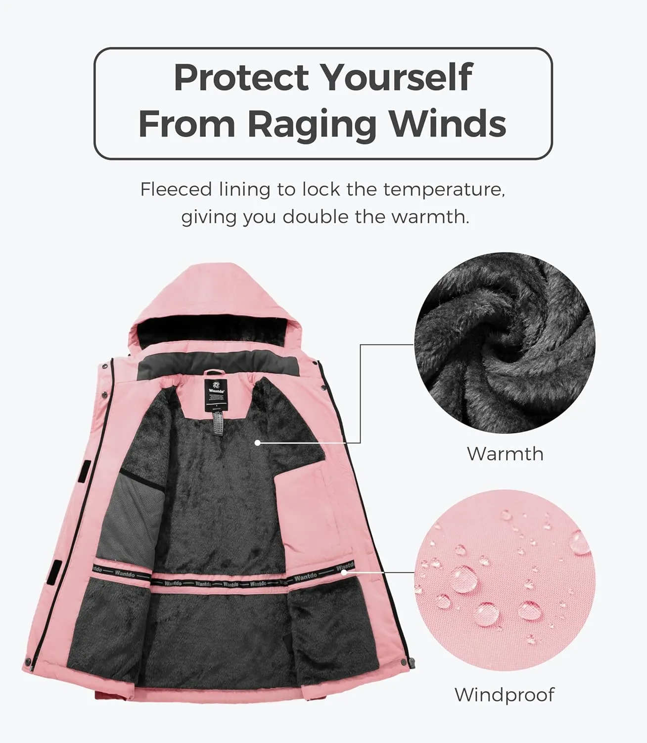 Wantdo Women's Waterproof Ski Jacket Warm Winter Coats Windproof Fleece Rain Jackets Outdoor Outwear