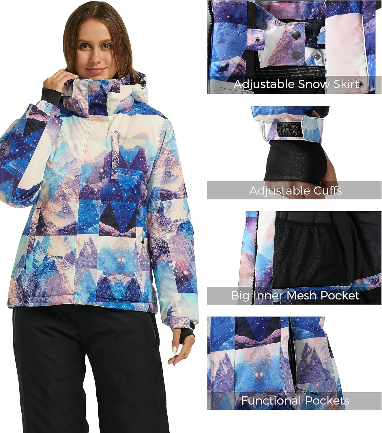 Wantdo Women's Waterproof Ski Jacket Windproof Print Fully Taped Seams Snow Coat Warm Winter Windbreaker
