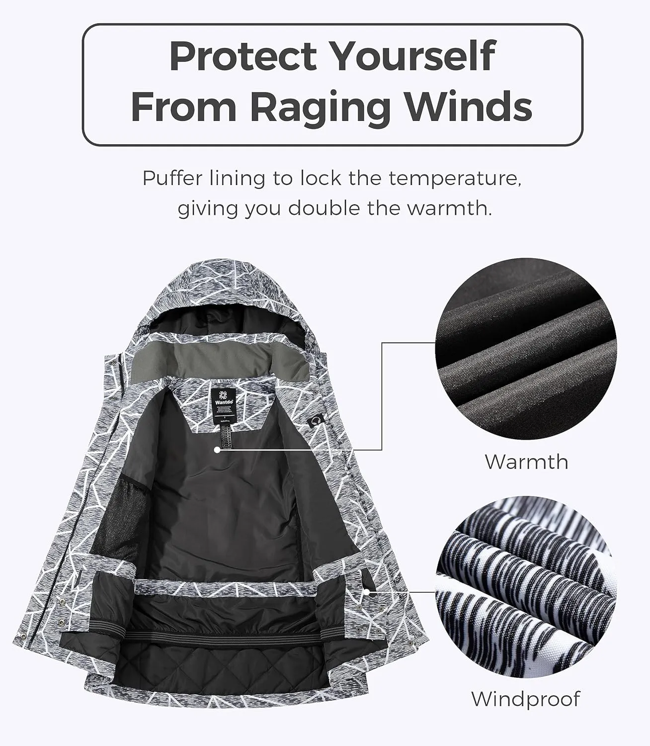 Wantdo Women's Waterproof Ski Jacket Windproof Print Fully Taped Seams Snow Coat Warm Winter Windbreaker