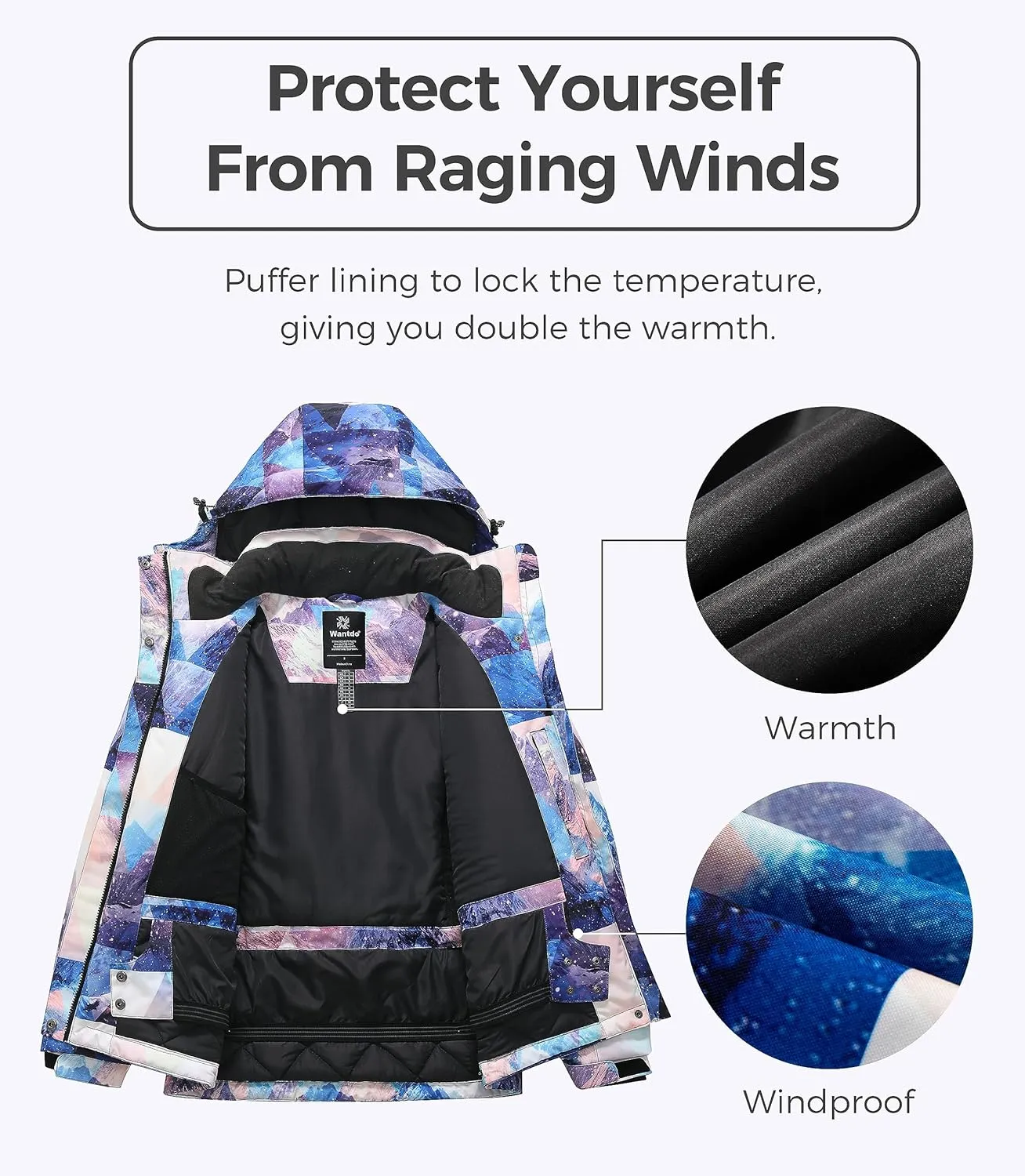 Wantdo Women's Waterproof Ski Jacket Windproof Print Fully Taped Seams Snow Coat Warm Winter Windbreaker