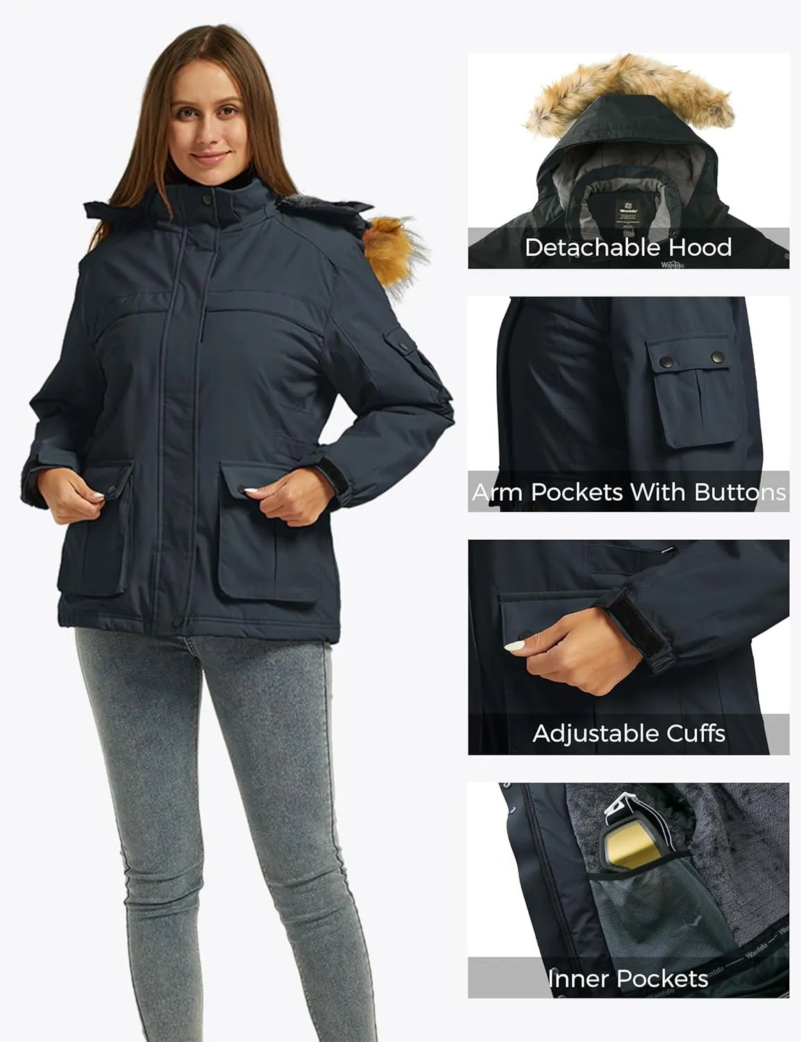 Wantdo Women's Waterproof Ski Jacket Windproof Winter Snow Coat Mountain Snowboarding Jackets Outdoor Fleece Parka