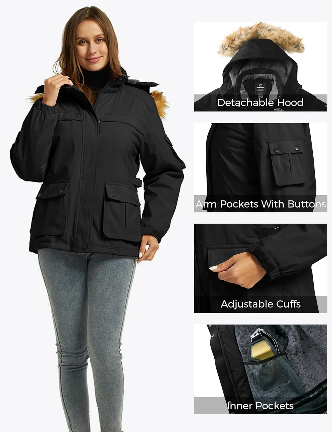 Wantdo Women's Waterproof Ski Jacket Windproof Winter Snow Coat Mountain Snowboarding Jackets Outdoor Fleece Parka