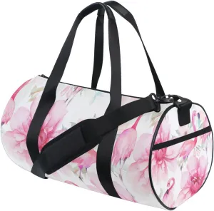 Watercolor Pink Flamingos and Peonies Floral Flowers on White Duffel Bag, Foldable Canvas Travel Tote for Gym Sports with Inner Pockets, Durable Lightweight Fitness Bag for Overnight Workout