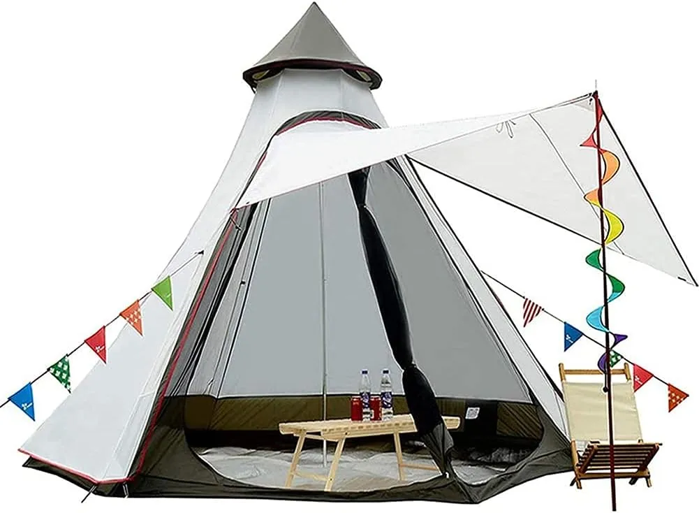 Waterproof Camping Pyramid Teepee Tent Adult Tipi Tent Waterproof Double Layers Indian Tent Yurt Tent Tower Post Bell Tent for Outdoor Family Trip Beautiful Scenery Hopeful