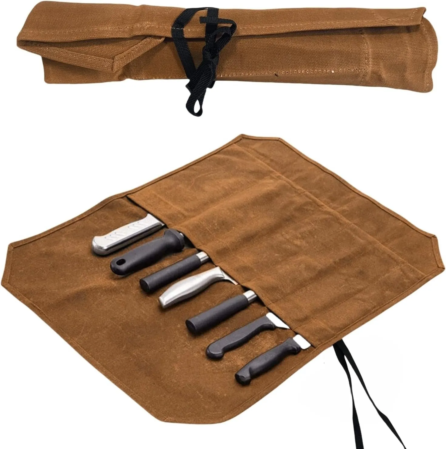 Waxed Canvas Knife Roll Bag,Portable Knife Cultery Carrier,Professional Chef Knife Case,Waterproof Knife Roll Storage Bag with 8 Slots,Holds 8 inch Kitchen Knives for Camping or Working
