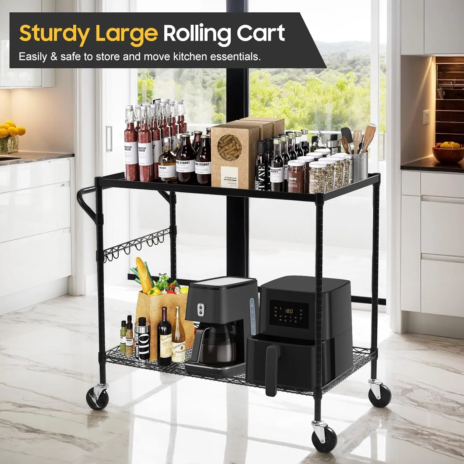 WDT 2-Tier Utility Cart with Wheels, Metal Cart with 1000LBS Capacity, NSF Heavy Duty Rolling Cart, Commercial Grade Serving Tool Storage Carts for Warehouse Garage Kitchen, 24"D x 40"W x 39"H, Black