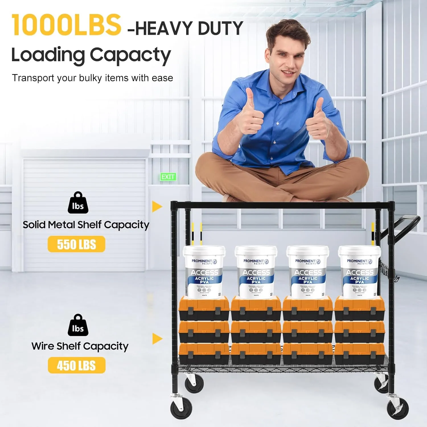 WDT 2-Tier Utility Cart with Wheels, Metal Cart with 1000LBS Capacity, NSF Heavy Duty Rolling Cart, Commercial Grade Serving Tool Storage Carts for Warehouse Garage Kitchen, 24"D x 40"W x 39"H, Black