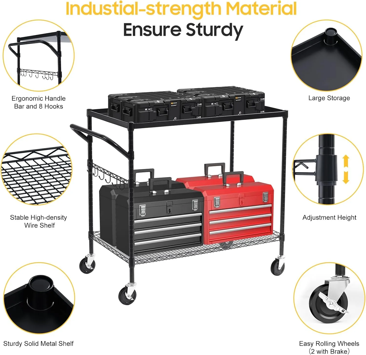 WDT 2-Tier Utility Cart with Wheels, Metal Cart with 1000LBS Capacity, NSF Heavy Duty Rolling Cart, Commercial Grade Serving Tool Storage Carts for Warehouse Garage Kitchen, 24"D x 40"W x 39"H, Black