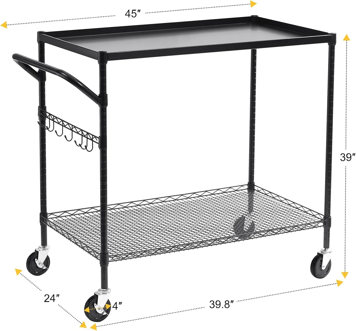 WDT 2-Tier Utility Cart with Wheels, Metal Cart with 1000LBS Capacity, NSF Heavy Duty Rolling Cart, Commercial Grade Serving Tool Storage Carts for Warehouse Garage Kitchen, 24"D x 40"W x 39"H, Black