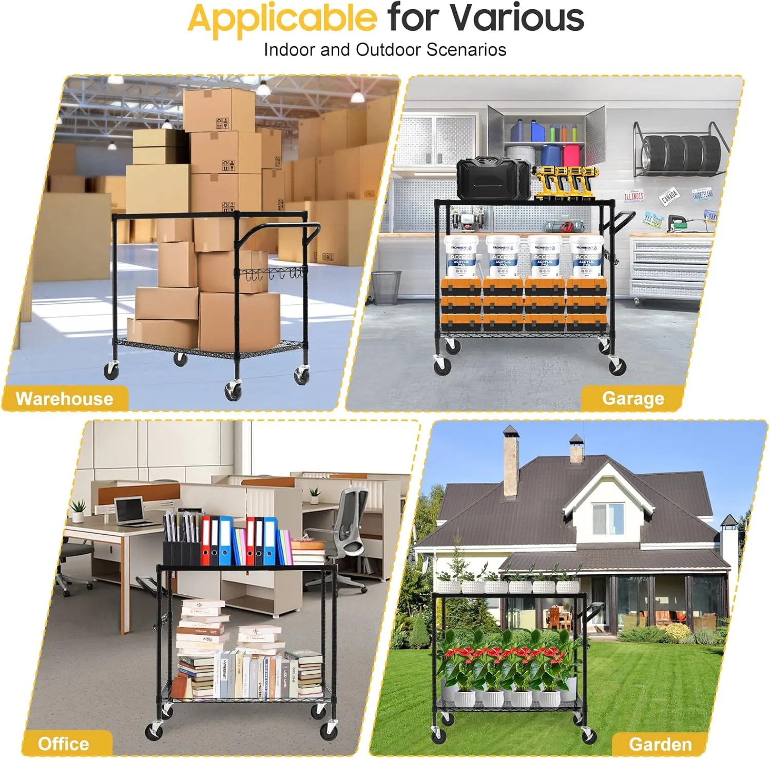 WDT 2-Tier Utility Cart with Wheels, Metal Cart with 1000LBS Capacity, NSF Heavy Duty Rolling Cart, Commercial Grade Serving Tool Storage Carts for Warehouse Garage Kitchen, 24"D x 40"W x 39"H, Black
