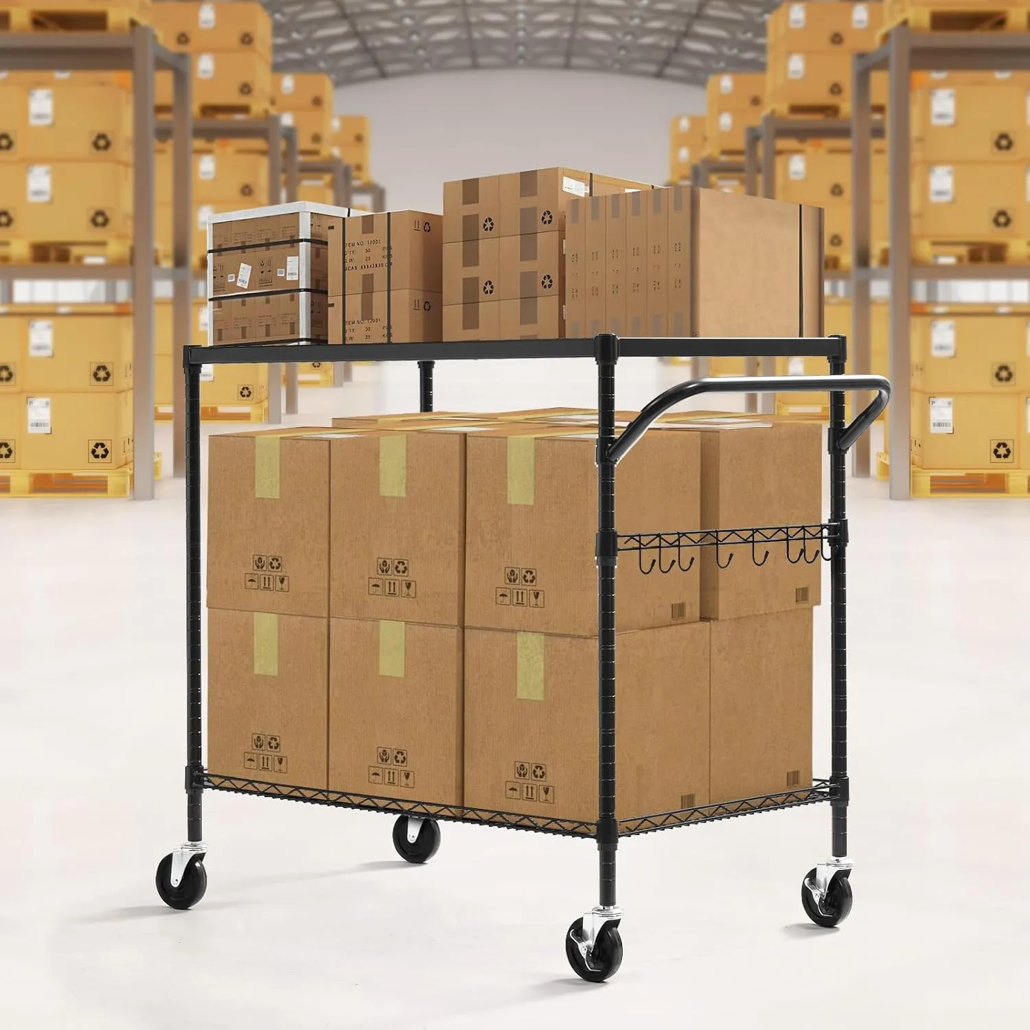 WDT 2-Tier Utility Cart with Wheels, Metal Cart with 1000LBS Capacity, NSF Heavy Duty Rolling Cart, Commercial Grade Serving Tool Storage Carts for Warehouse Garage Kitchen, 24"D x 40"W x 39"H, Black