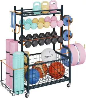Weight Rack for Dumbbells, Yoga Mat Storage Rack Home Gym Equipment Storage Rack Cart for Dumbbells Kettlebells Yoga Mat, All in One Workout Equipment Storage Organizer Cart with Wheels and Hooks