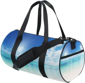 White Sand Beach Blue Ocean Sky Sunrise White Cloud Duffel Bag, Foldable Canvas Travel Tote for Gym Sports with Inner Pockets, Durable Lightweight Fitness Bag for Overnight Workout