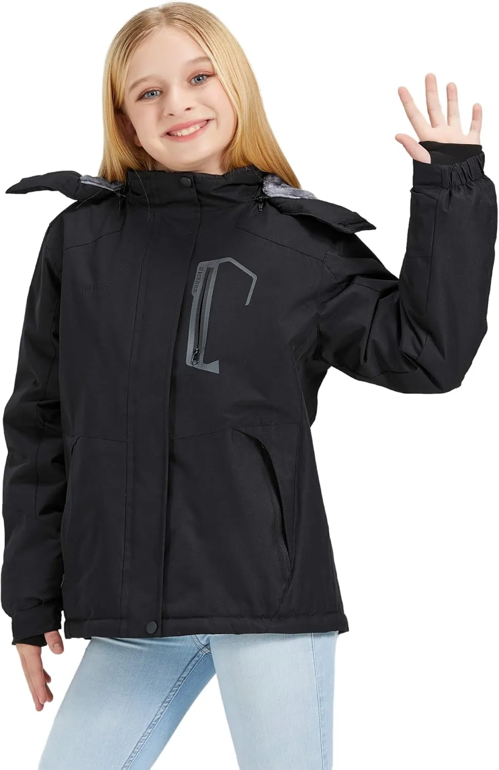 WICKHAM Girl's Waterproof Ski Jacket Winter Warm Fleece Lined Snow Windproof Jackets Removable Hood Ski Coat for Kids