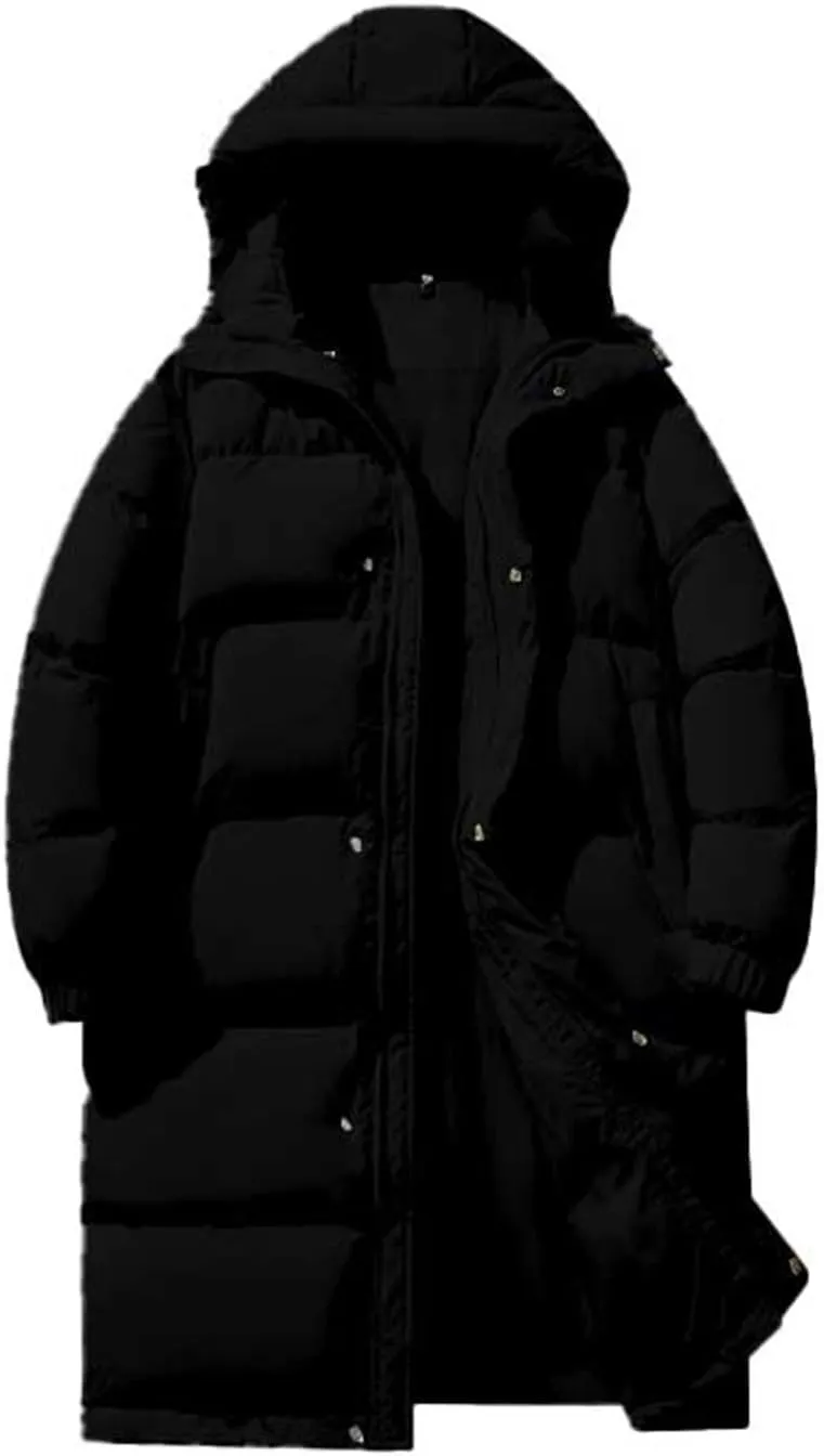 Winter Coat for Men Water Resistant Puffy Insulated Long Hooded Puffer Jacket Thicken Warm Zip Up Puffer with Pockets