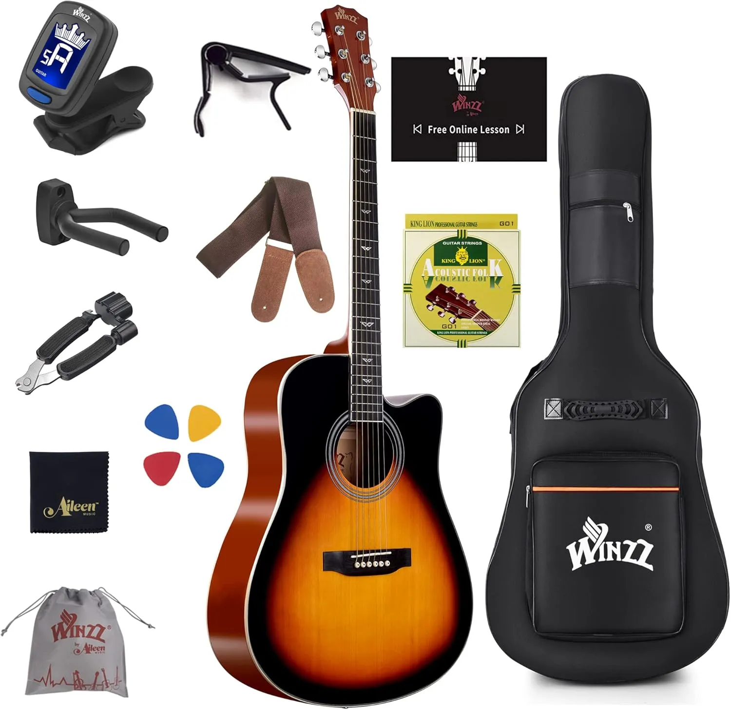 WINZZ Spruce Acoustic Guitar Bundle for Adult Beginners Students with Advanced Kit 6 Steel-String, Right Hand, Sunburst, 41 Inches (AF168C-GSB-V)