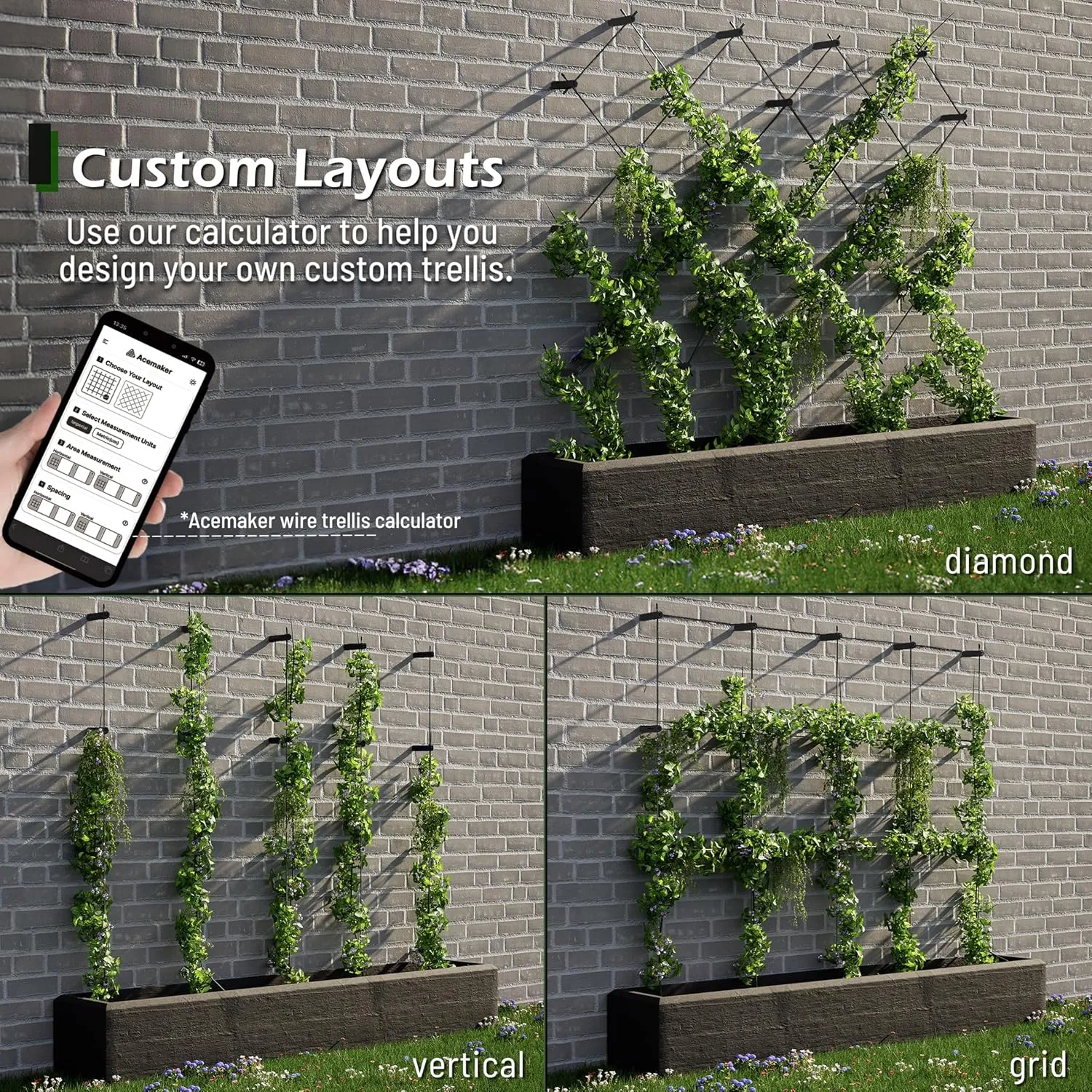 Wire Trellis for Climbing Plants Outdoor, 30-Set Black ABS Plastic Wall Wire Trellis Kit with 1/8" x 98ft Vinyl Coated Cable, Stainless Steel Cable Espalier System for Garden Fence