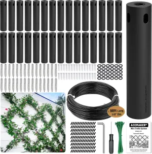 Wire Trellis for Climbing Plants Outdoor, 30-Set Black ABS Plastic Wall Wire Trellis Kit with 1/8" x 98ft Vinyl Coated Cable, Stainless Steel Cable Espalier System for Garden Fence