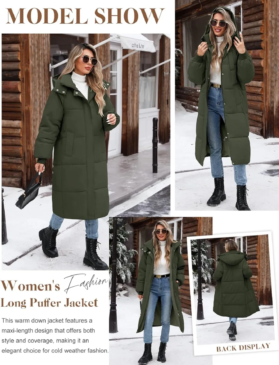 Women Long Puffer Coat Winter Warm Hooded Jacket Long Sleeve Parka Full Length Down Coats With Zip