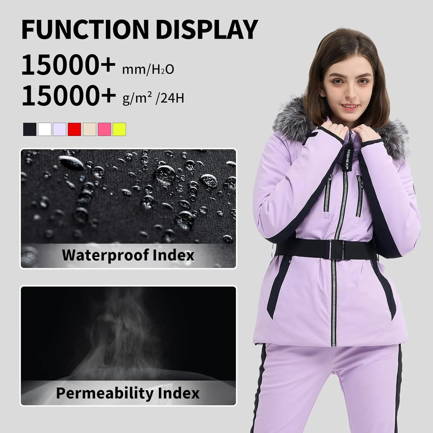 Women Ski Jacket Snowboard Fitted Slim Fit Short Snow Coat Belted Mountain Waterproof Insulated Warm Winter
