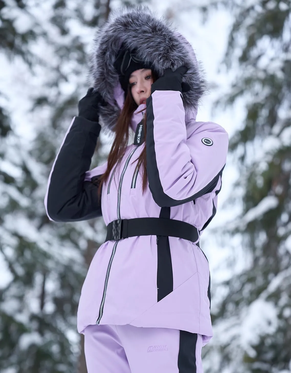 Women Ski Jacket Snowboard Fitted Slim Fit Short Snow Coat Belted Mountain Waterproof Insulated Warm Winter