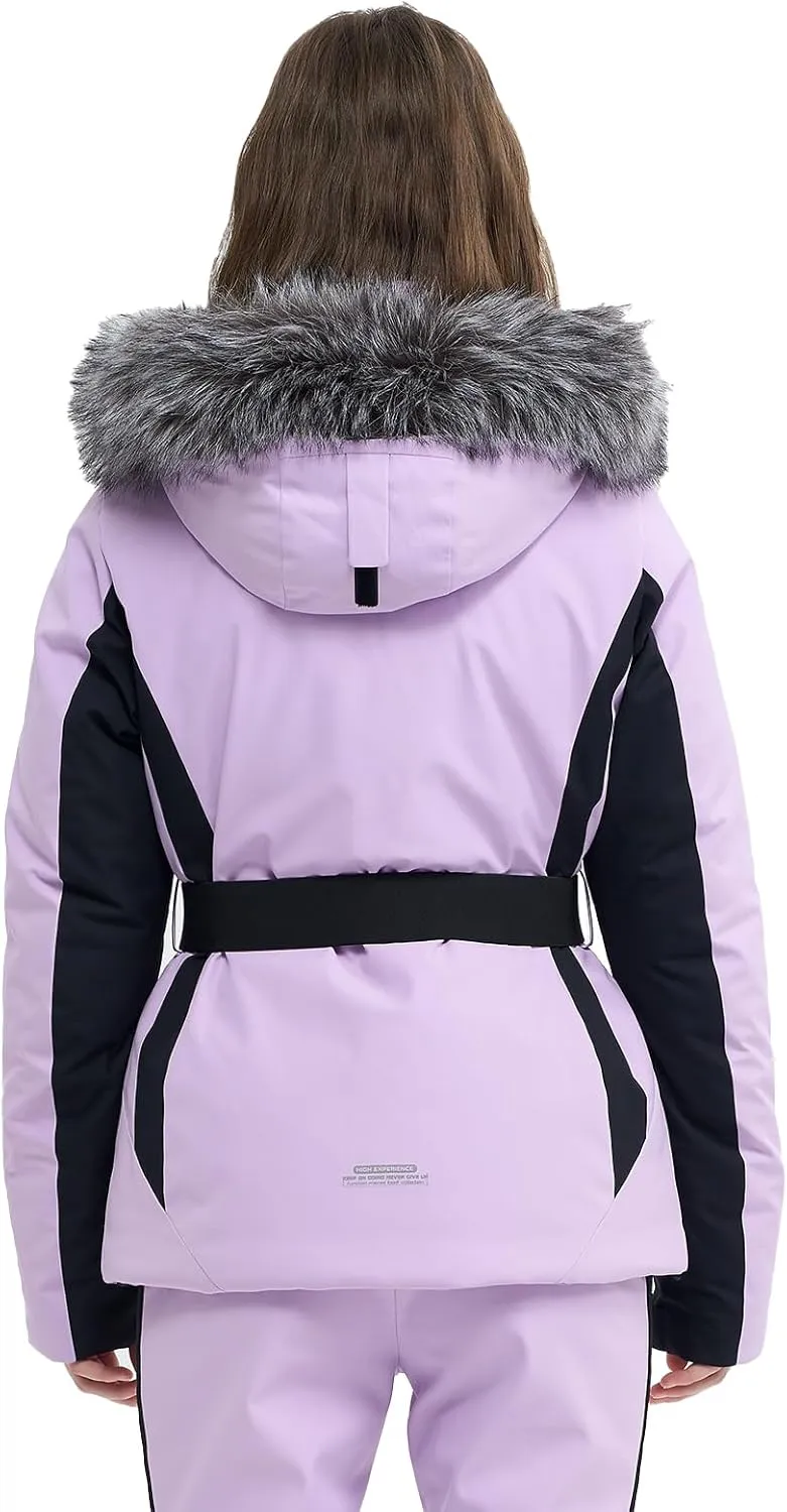 Women Ski Jacket Snowboard Fitted Slim Fit Short Snow Coat Belted Mountain Waterproof Insulated Warm Winter