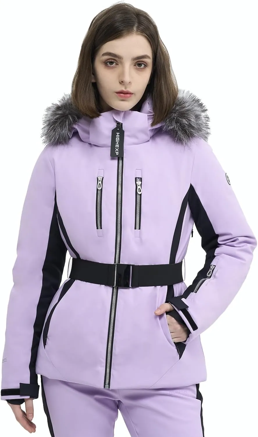 Women Ski Jacket Snowboard Fitted Slim Fit Short Snow Coat Belted Mountain Waterproof Insulated Warm Winter