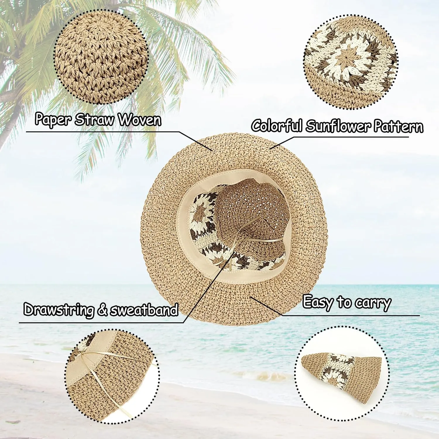Women Straw Sun Hat Foldable Beach Hat Sunflower Floppy Bucket Hat