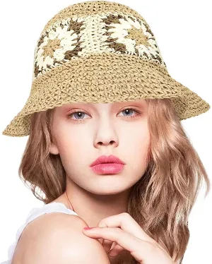 Women Straw Sun Hat Foldable Beach Hat Sunflower Floppy Bucket Hat