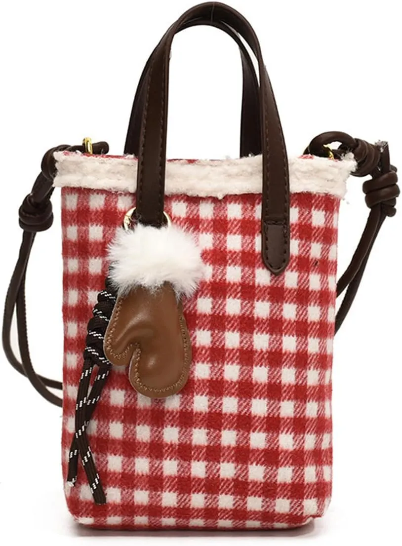 Women Suede Crossbody Bag Handbag with Lamb Wool Vintage Shoulder Bag Soft Plush Top Handle Bag Small Tote Bag