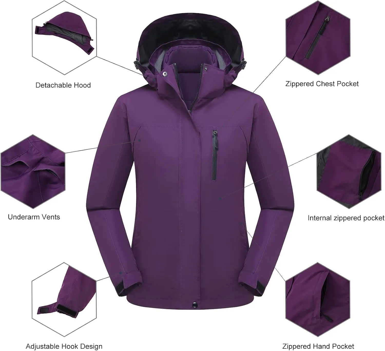 Women's 3 in 1 Ski Jacket Mountain Waterproof Windproof Winter Snow Coat Hike Snowboarding Jackets Hooded Warm Raincoat