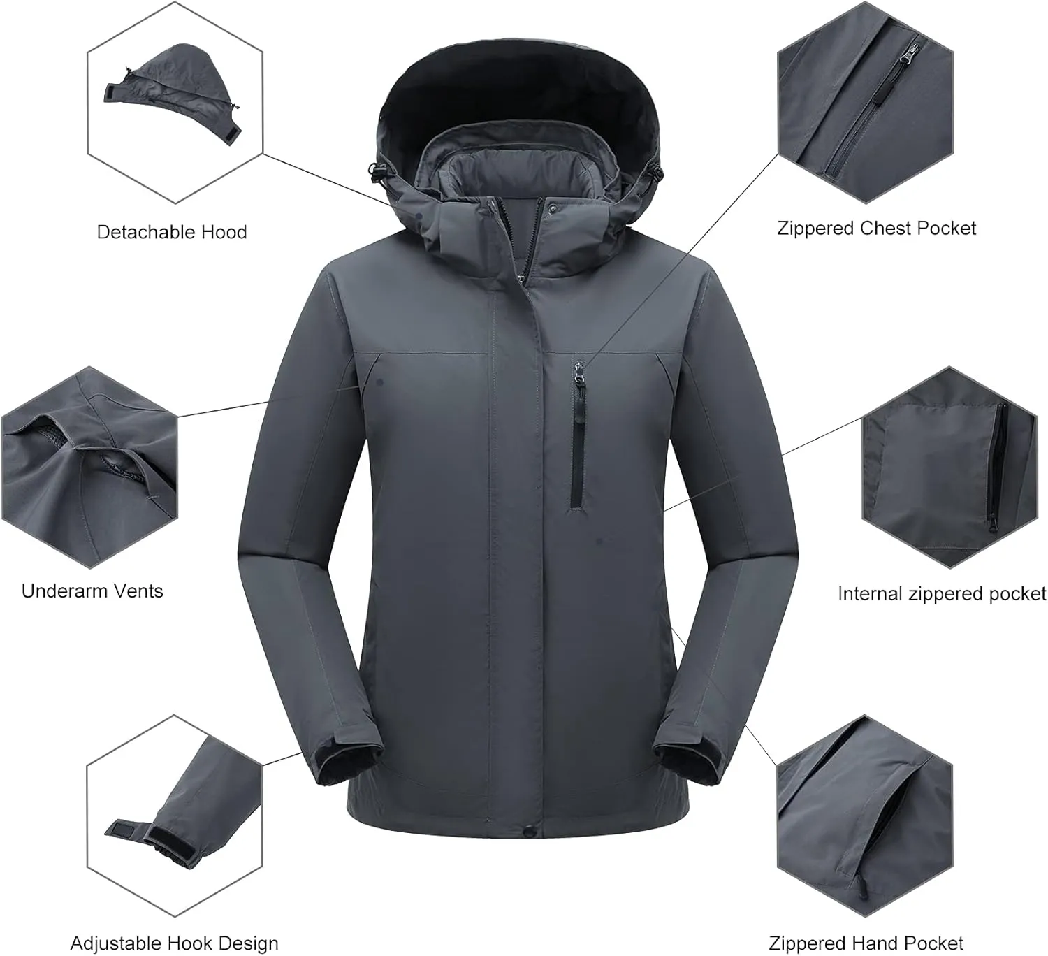 Women's 3 in 1 Ski Jacket Mountain Waterproof Windproof Winter Snow Coat Hike Snowboarding Jackets Hooded Warm Raincoat