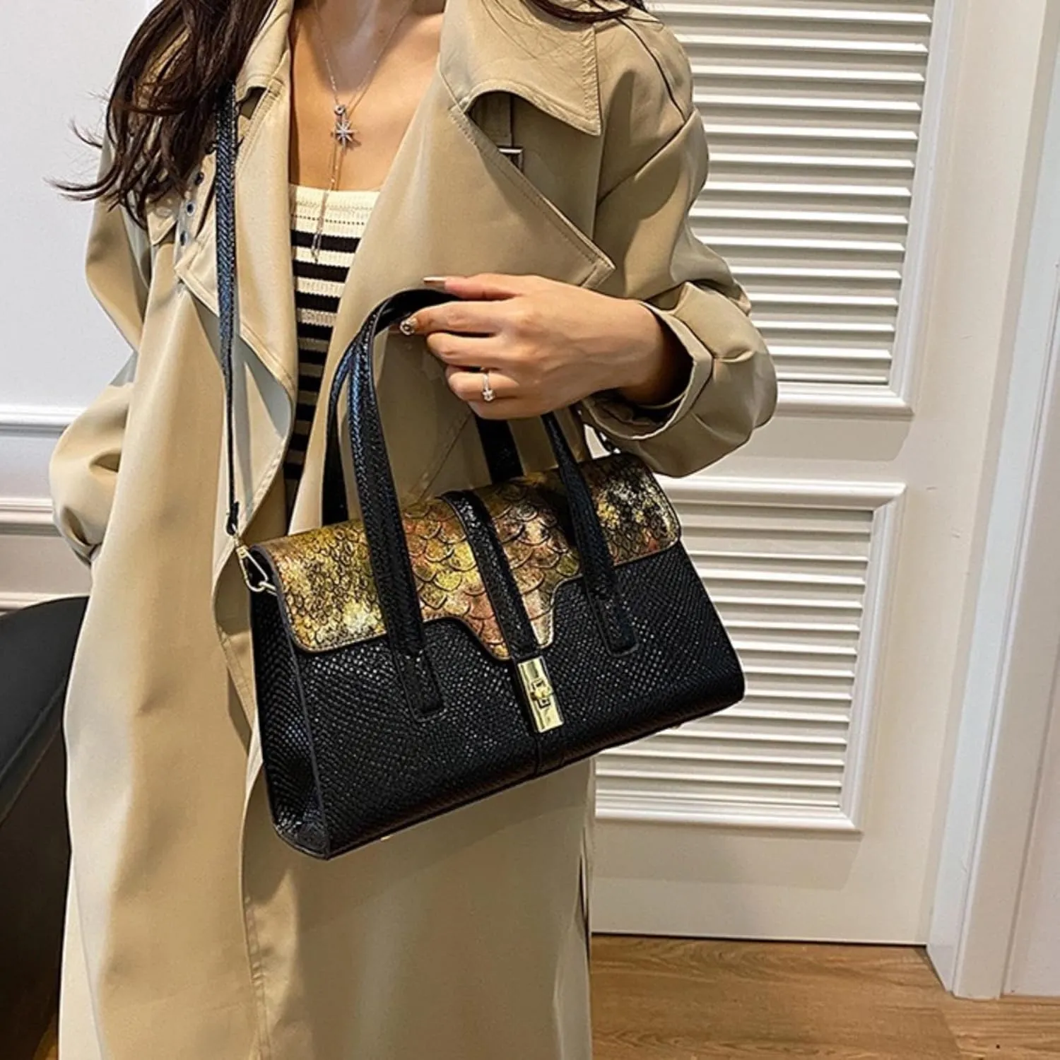 Womens Fashion Snakeskin Evening Handbag Top Handle Clutch Purse Chain Shoulder Cross-body Bag