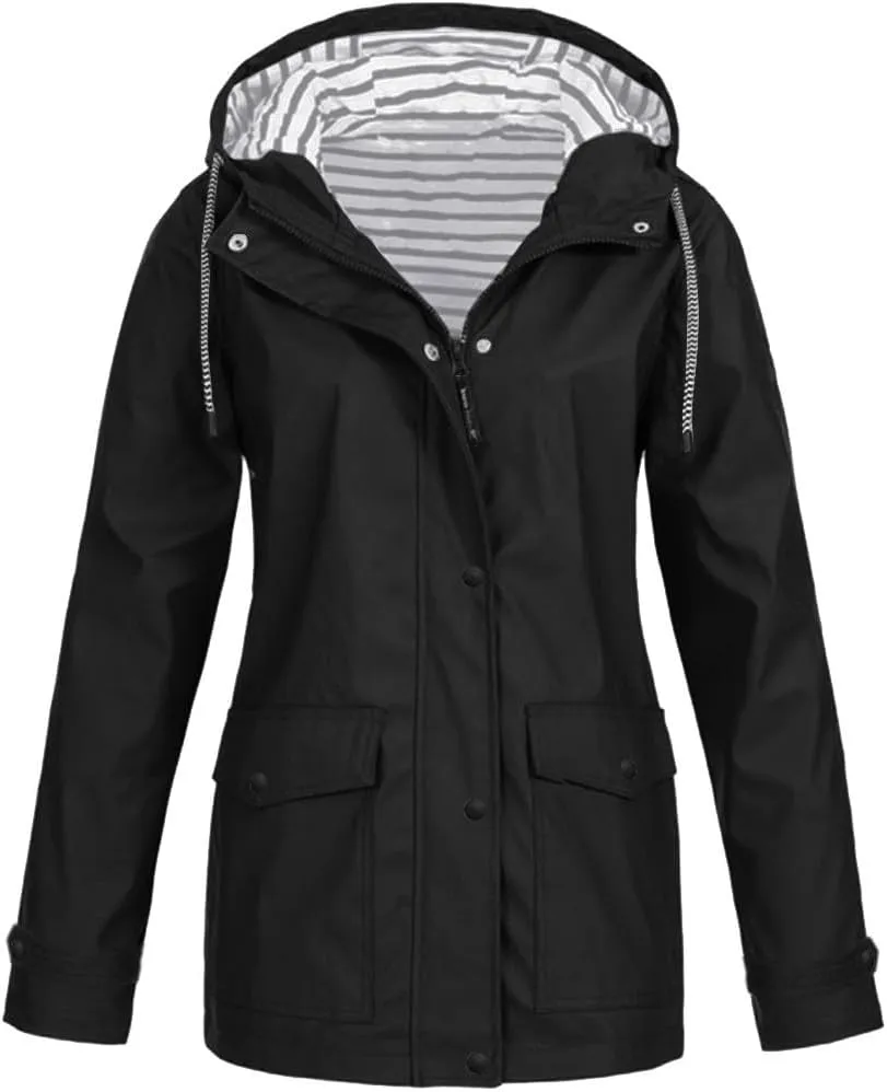 Womens Jacket Solid Hooded Jacket Windproof Outdoor Coat Plus Women's Coat Hooded Windbreaker Outdoor Trench Coat
