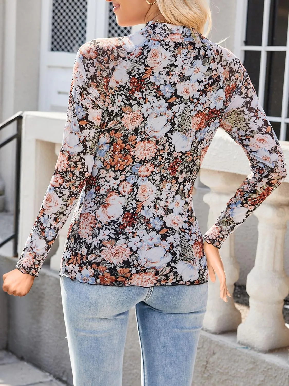 Womens Lace Top Long Sleeve Mesh Tops for Women Mock Neck Floral Sheer See Through Shirts for Party Club Casual