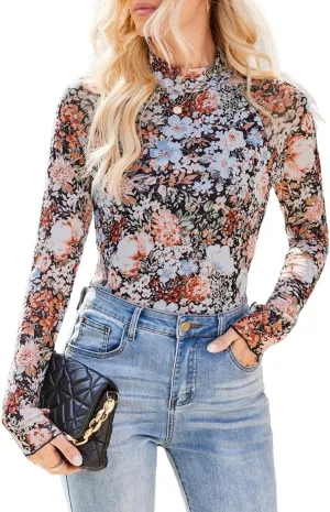 Womens Lace Top Long Sleeve Mesh Tops for Women Mock Neck Floral Sheer See Through Shirts for Party Club Casual