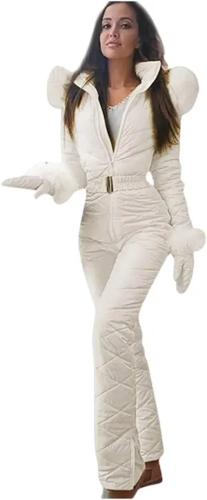 Womens One Piece Ski Suits Waterproof Windproof Snowsuits Men Insulated Jumpsuits with Belts Gloves Set of Three
